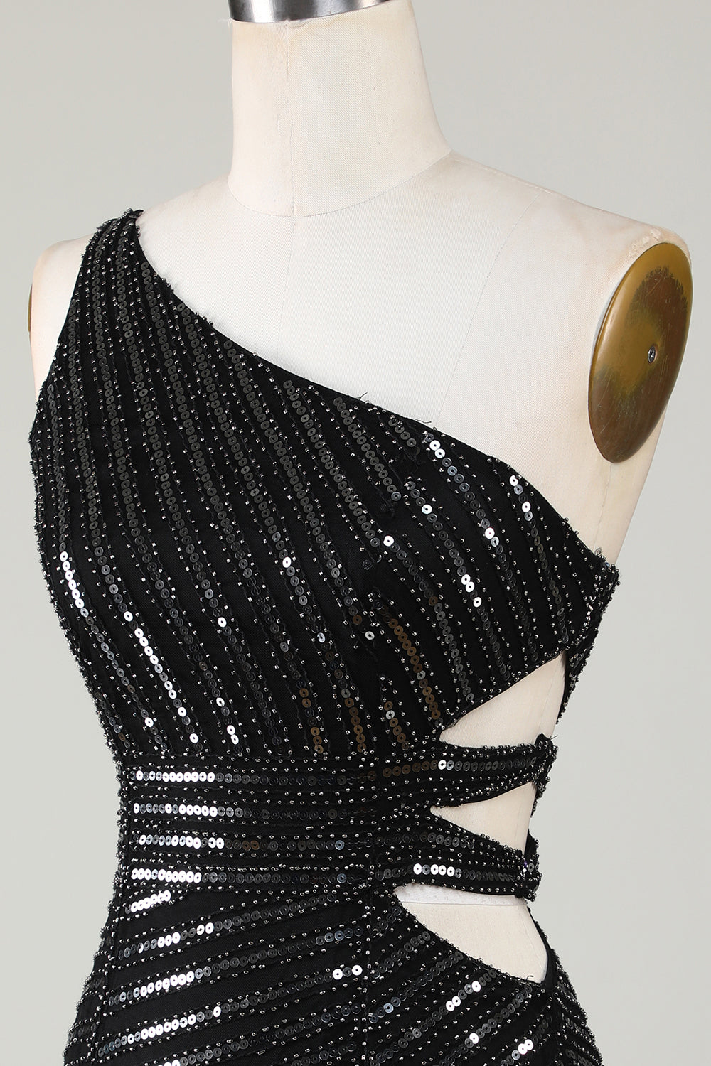 Black One-Shoulder Sparkly Sequin Bodycon Homecoming Dress with Cut-Out