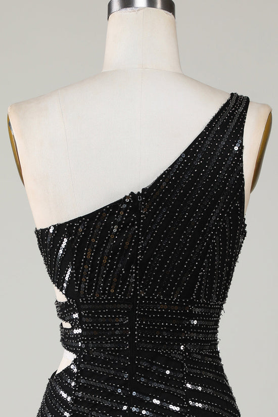 Black One-Shoulder Sparkly Sequin Bodycon Homecoming Dress with Cut-Out