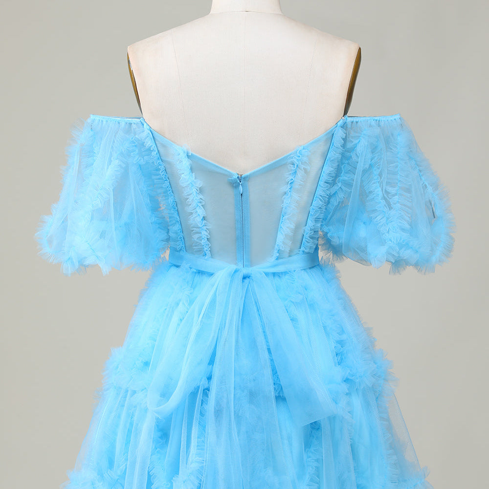 
                      
                        Blue Tulle Off-the-Shoulder A-Line Short Homecoming Dress
                      
                    