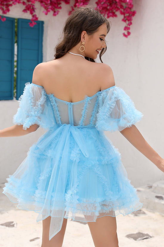 Fuchsia Off-the-Shoulder A-Line Tulle Corset Homecoming Dress