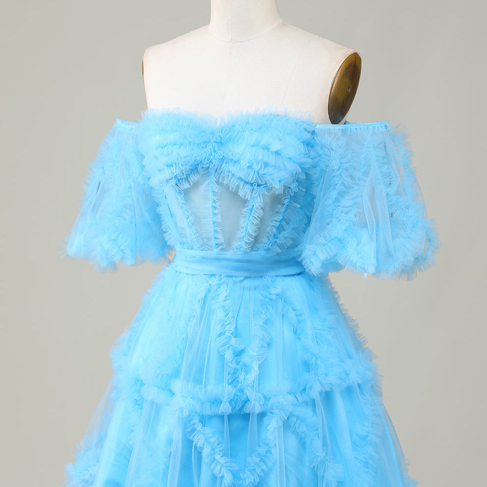 
                      
                        Blue Tulle Off-the-Shoulder A-Line Short Homecoming Dress
                      
                    