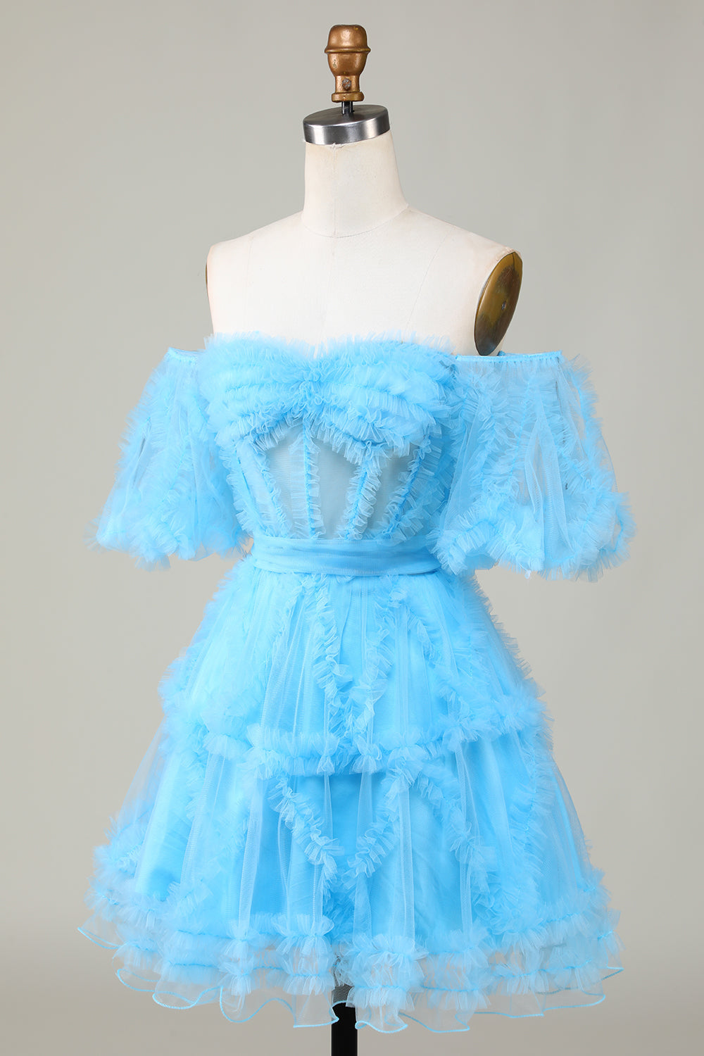 Blue Tulle Off-the-Shoulder A-Line Short Homecoming Dress