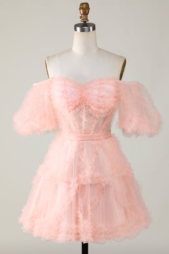 Blush Tulle Off-the-Shoulder A-Line Short Homecoming Dress