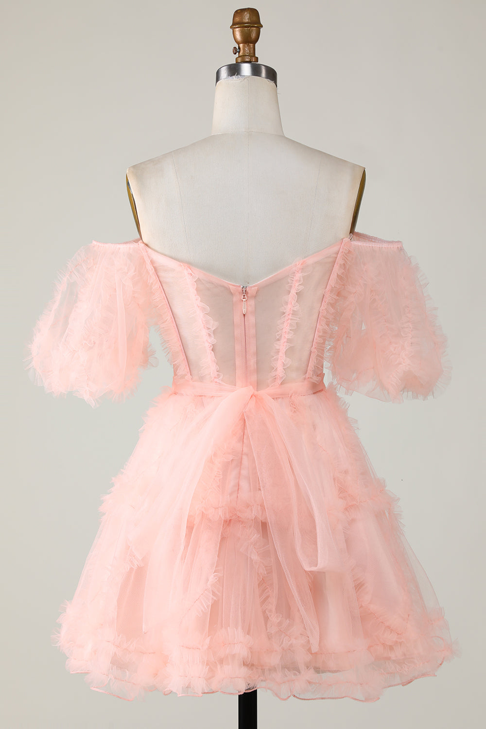 Blush Tulle Off-the-Shoulder A-Line Short Homecoming Dress