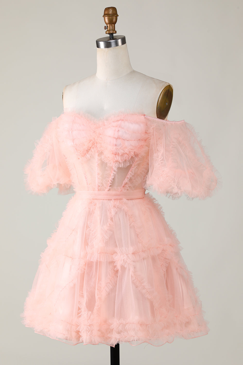 Blush Tulle Off-the-Shoulder A-Line Short Homecoming Dress