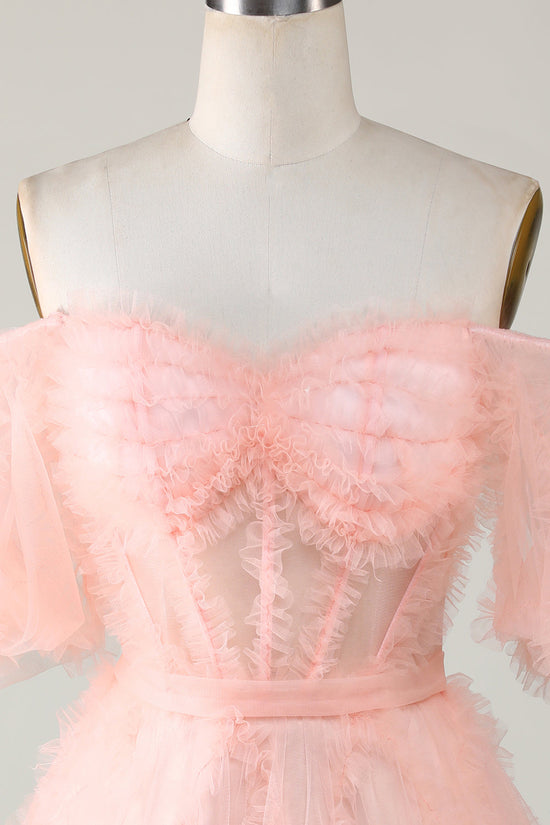 Blush Tulle Off-the-Shoulder A-Line Short Homecoming Dress