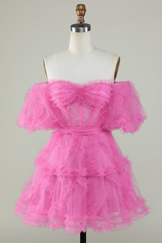 Fuchsia Off-the-Shoulder A-Line Tulle Corset Homecoming Dress