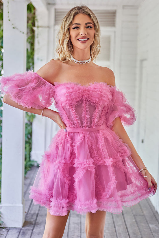 Blush Tulle Off-the-Shoulder A-Line Short Homecoming Dress