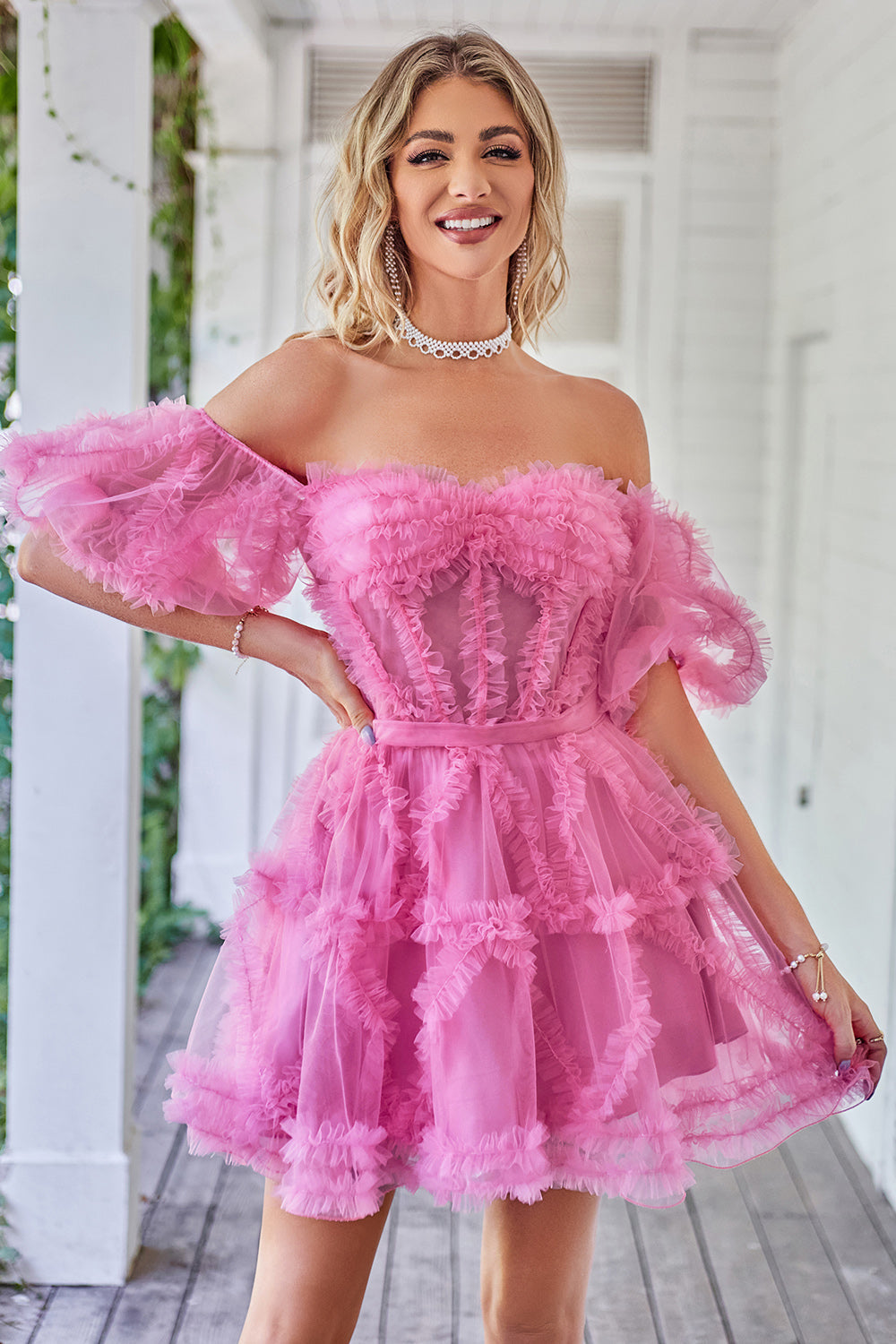 Blue Tulle Off-the-Shoulder A-Line Short Homecoming Dress