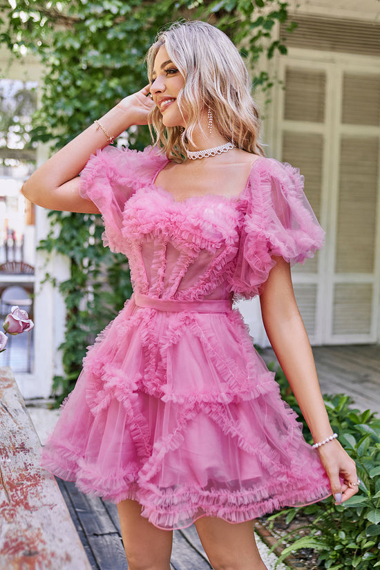 Blush Tulle Off-the-Shoulder A-Line Short Homecoming Dress