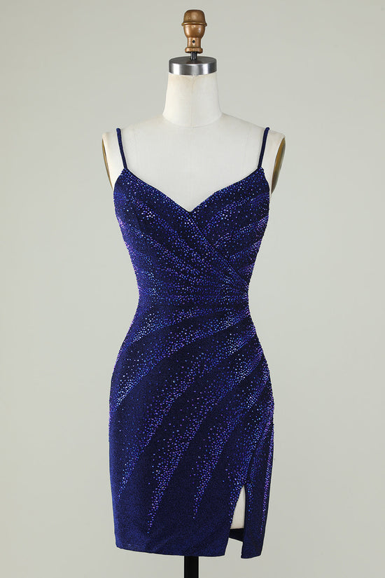 Royal Blue Sparkly Sequin Sheath Spaghetti Strap Short Homecoming Dress with Beading