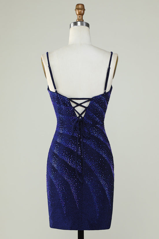 Royal Blue Sparkly Sequin Sheath Spaghetti Strap Short Homecoming Dress with Beading