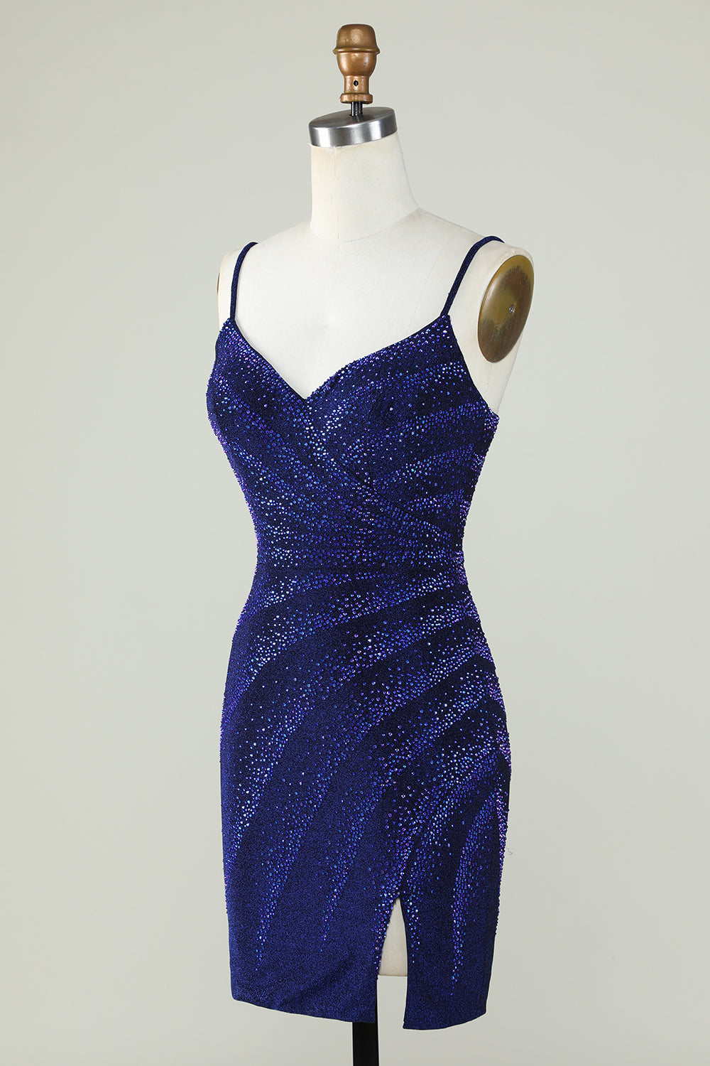 Royal Blue Sparkly Sequin Sheath Spaghetti Strap Short Homecoming Dress with Beading