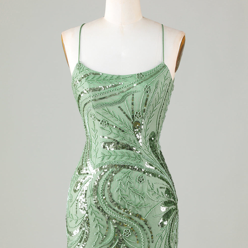 
                      
                        Green Sparkly Sheath Spaghetti Strap Homecoming Dress with Criss Cross Back
                      
                    