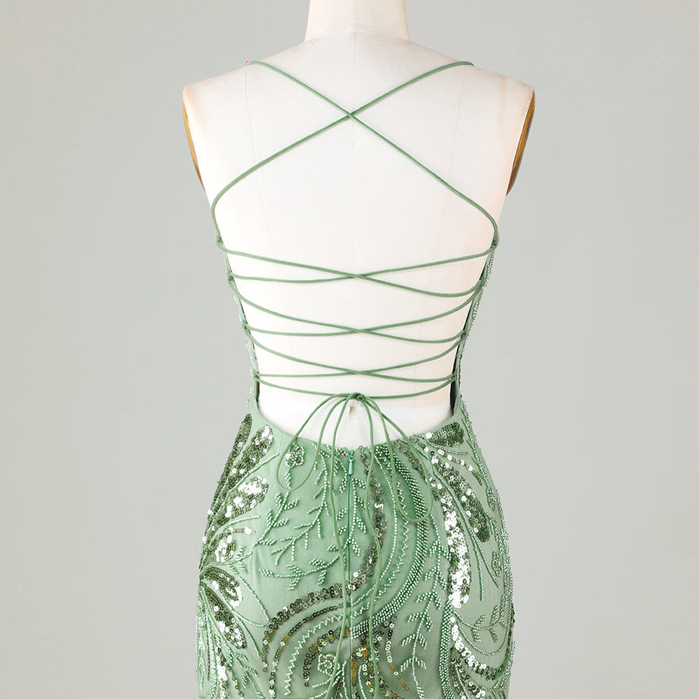 
                      
                        Green Sparkly Sheath Spaghetti Strap Homecoming Dress with Criss Cross Back
                      
                    