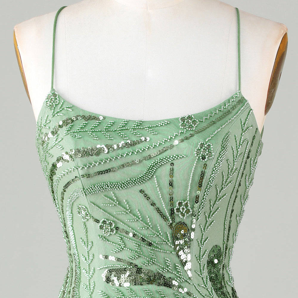 
                      
                        Green Sparkly Sheath Spaghetti Strap Homecoming Dress with Criss Cross Back
                      
                    