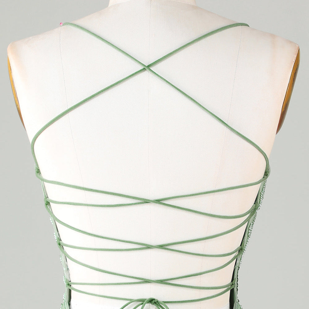 
                      
                        Green Sparkly Sheath Spaghetti Strap Homecoming Dress with Criss Cross Back
                      
                    