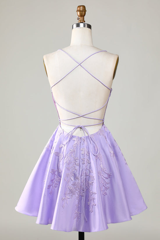 Purple Corset A-Line Satin Short Homecoming Dress with Lace