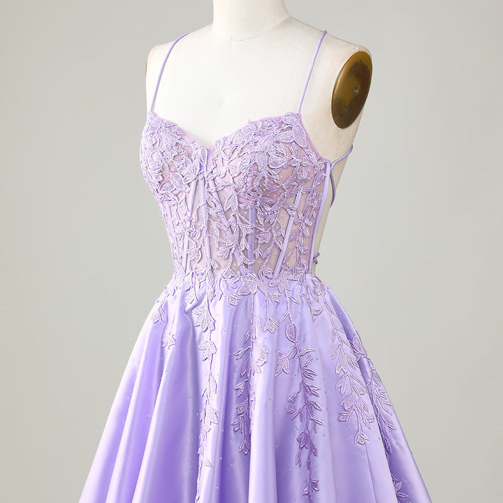 
                      
                        Purple Corset A-Line Satin Short Homecoming Dress with Lace
                      
                    