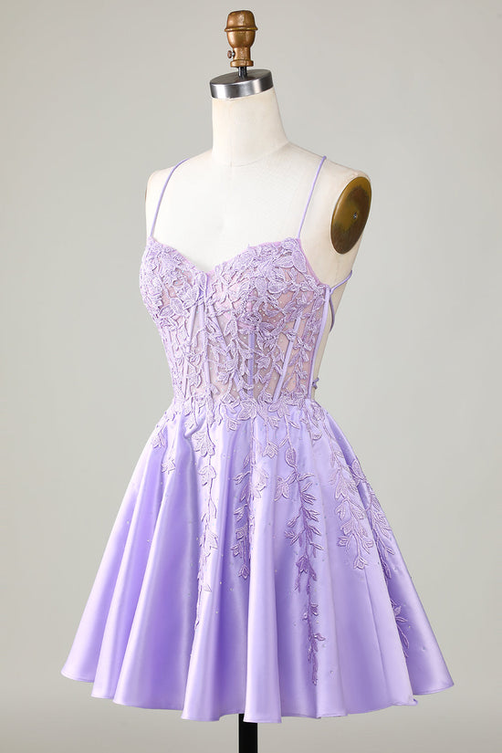 Purple Corset A-Line Satin Short Homecoming Dress with Lace