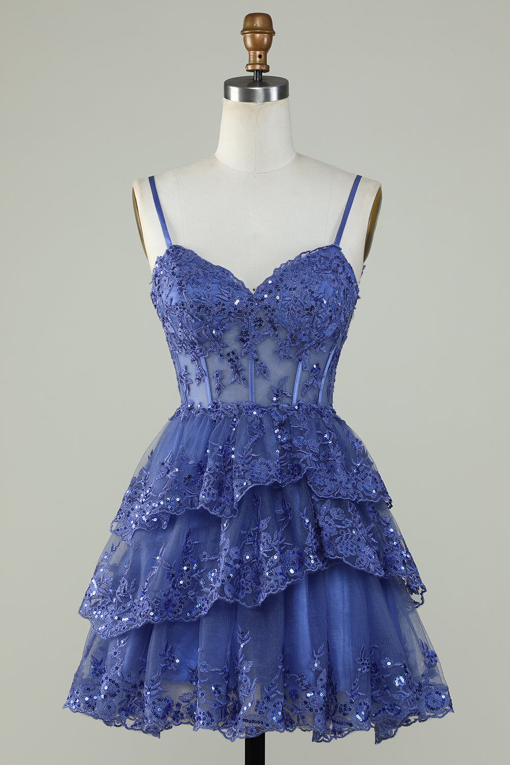 Dark Blue Sparkly Corset A-Line Spaghetti Strap Homecoming Dress