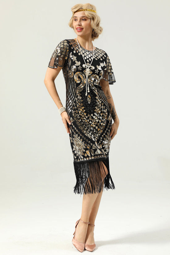 Black and Gold Sequin Dress with Batwing Sleeves