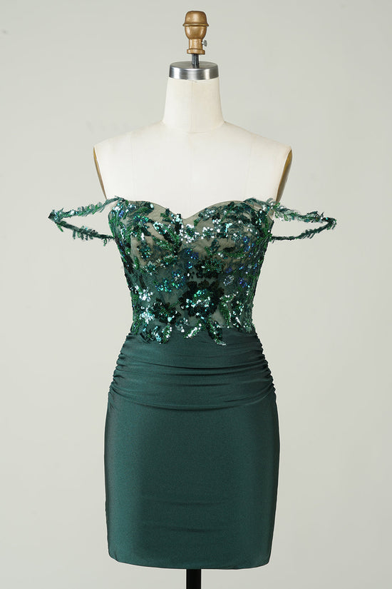 Dark Green Off-the-Shoulder Sheath Homecoming Dress with Appliques