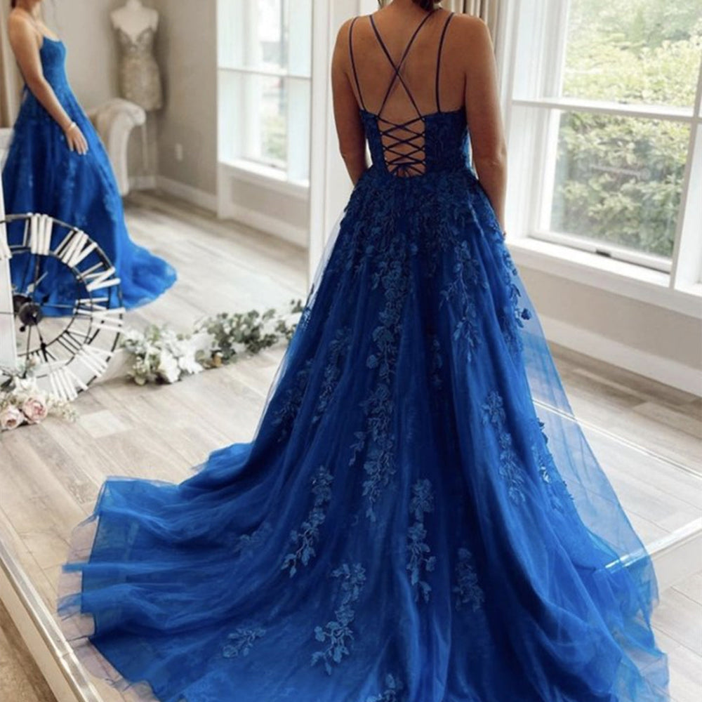 
                      
                        A Line Backless Blue Lace Long Prom Dresses, Blue Lace Formal Dresses, Blue Evening Dresses 
                      
                    