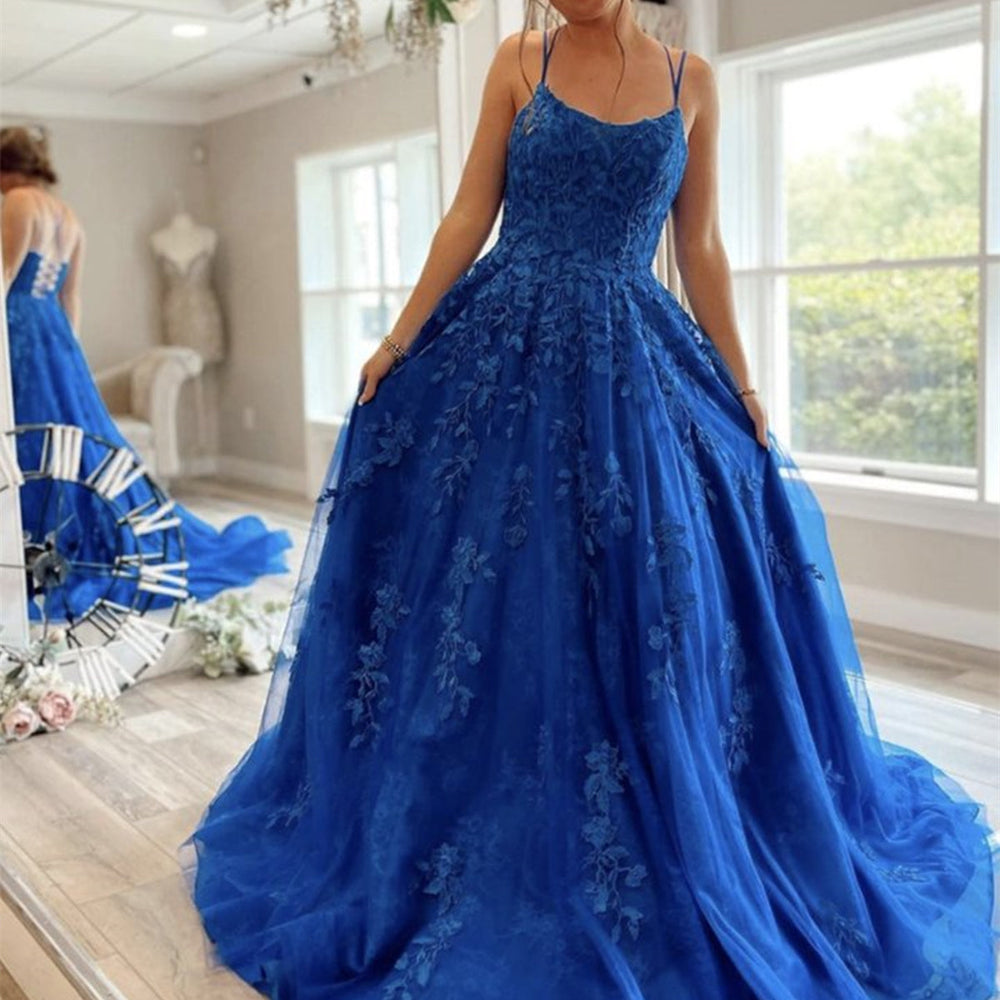 A Line Backless Blue Lace Long Prom Dresses, Blue Lace Formal Dresses, Blue Evening Dresses 