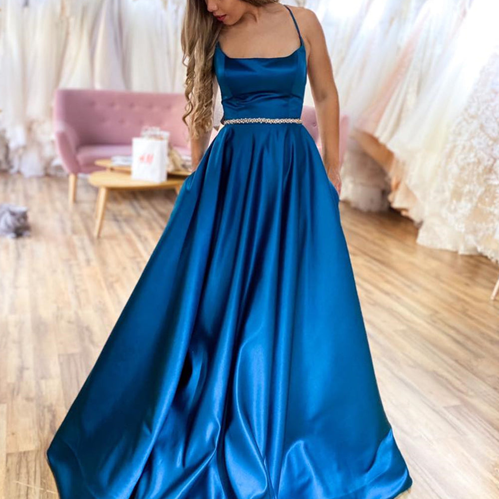 
                      
                        A Line Backless Blue Satin Long Prom Dresses with Belt, Backless Blue Formal Graduation Evening Dresses 
                      
                    