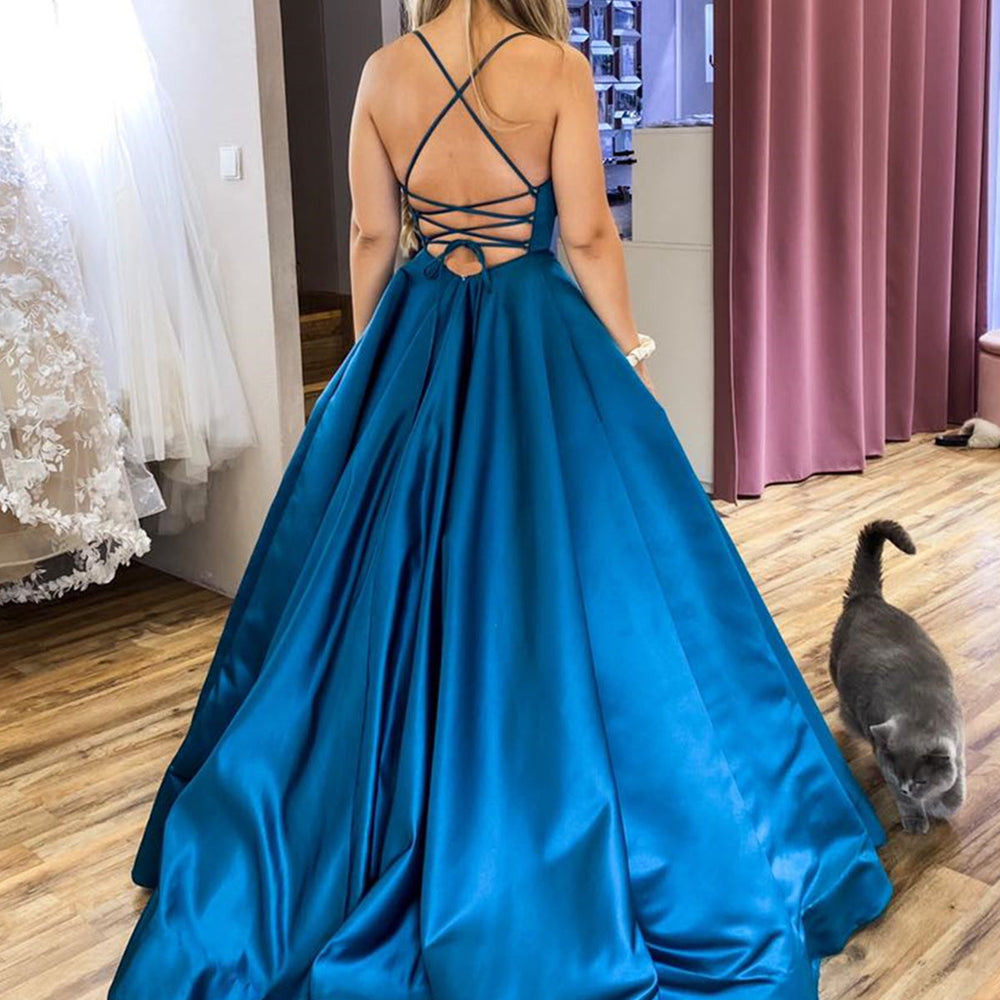 
                      
                        A Line Backless Blue Satin Long Prom Dresses with Belt, Backless Blue Formal Graduation Evening Dresses 
                      
                    