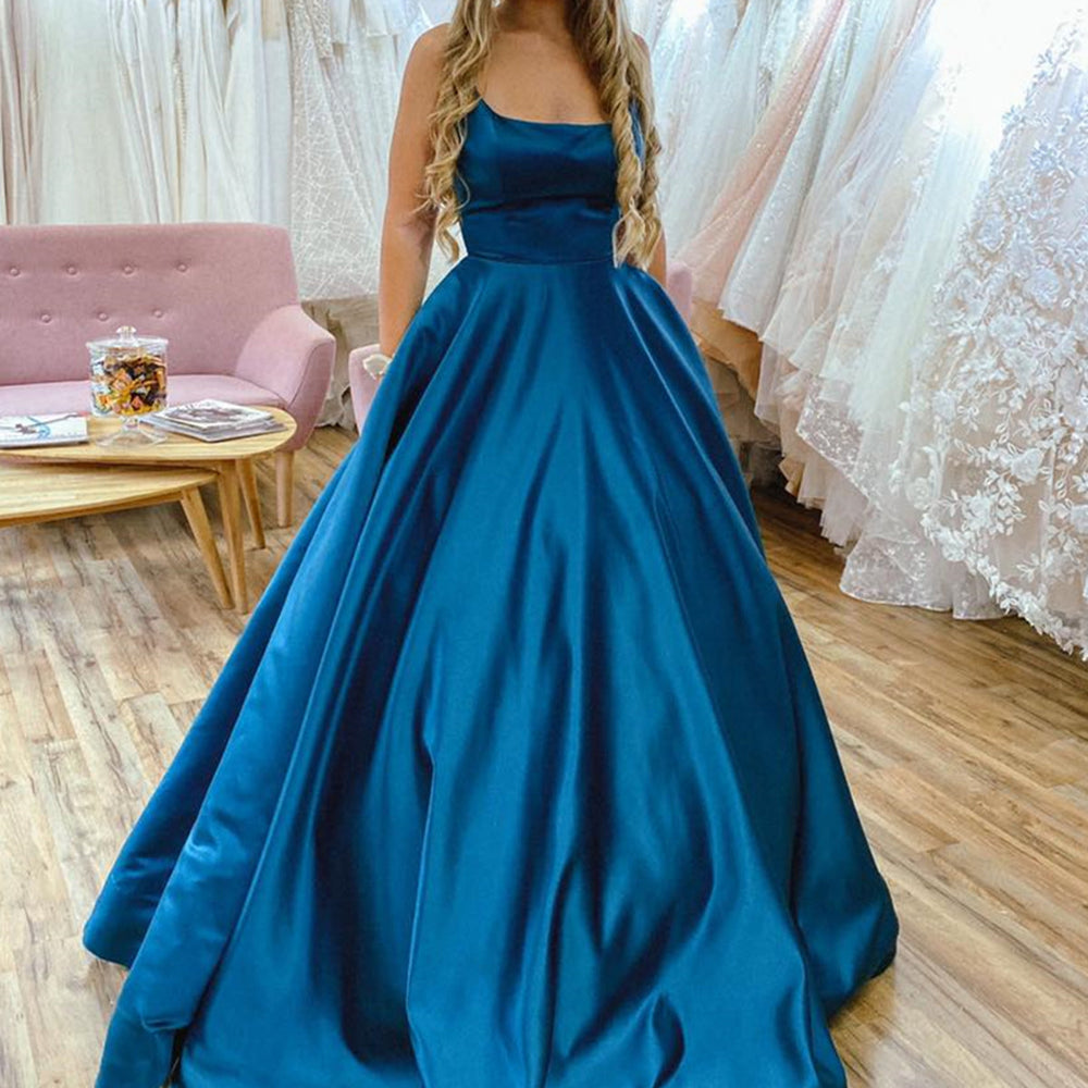 
                      
                        A Line Backless Blue Satin Long Prom Dresses with Belt, Backless Blue Formal Graduation Evening Dresses 
                      
                    