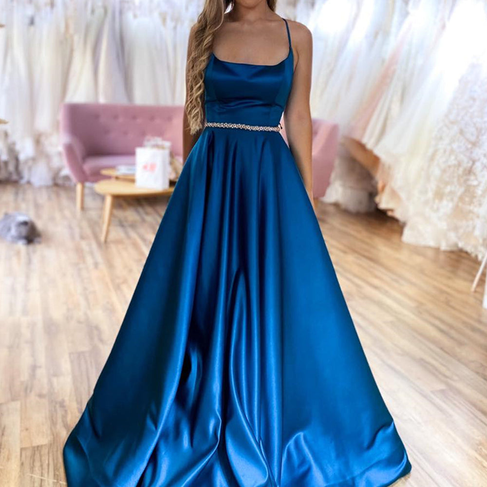 
                      
                        A Line Backless Blue Satin Long Prom Dresses with Belt, Backless Blue Formal Graduation Evening Dresses 
                      
                    