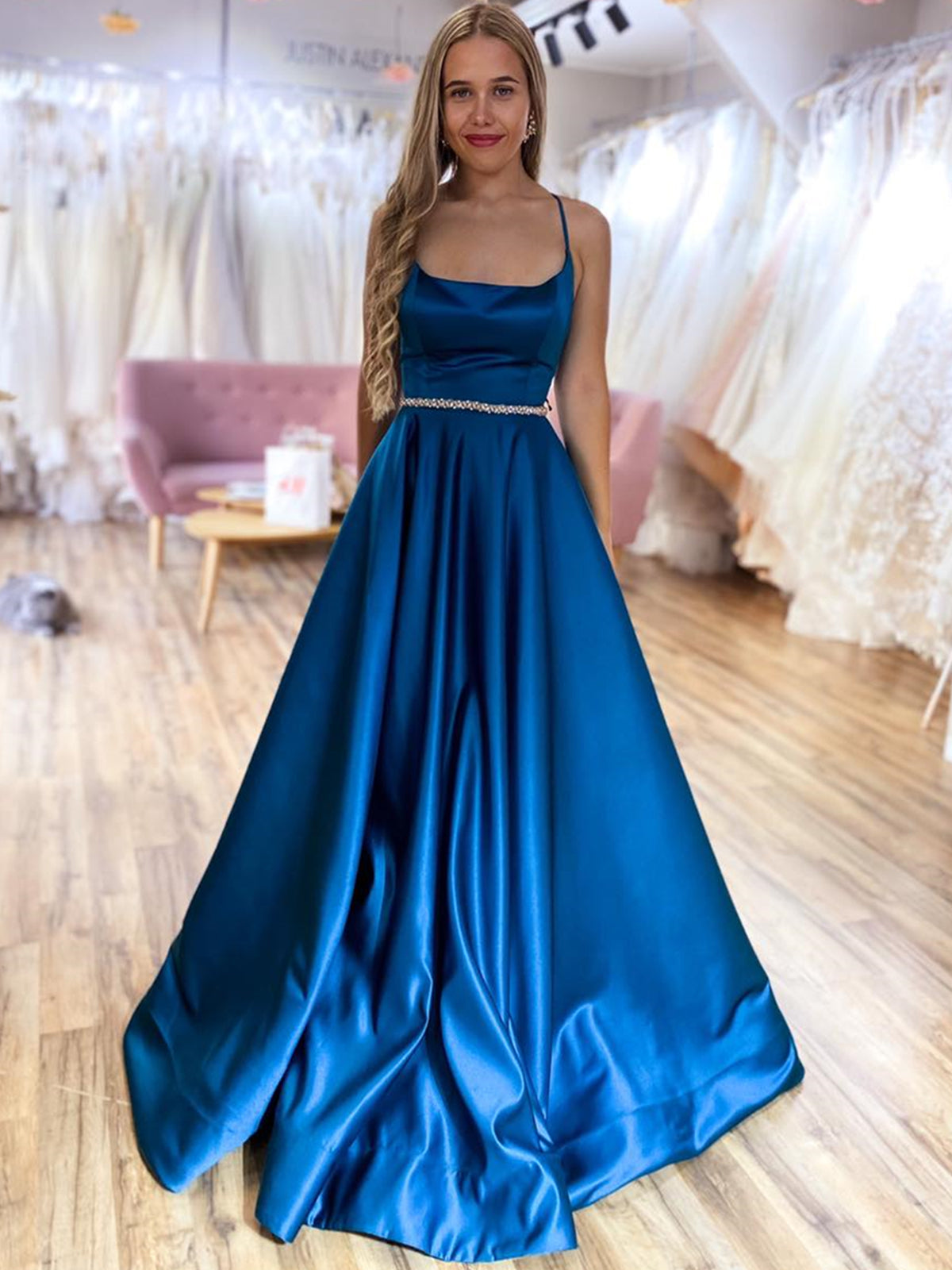 A Line Backless Blue Satin Long Prom Dresses with Belt, Backless Blue Formal Graduation Evening Dresses 