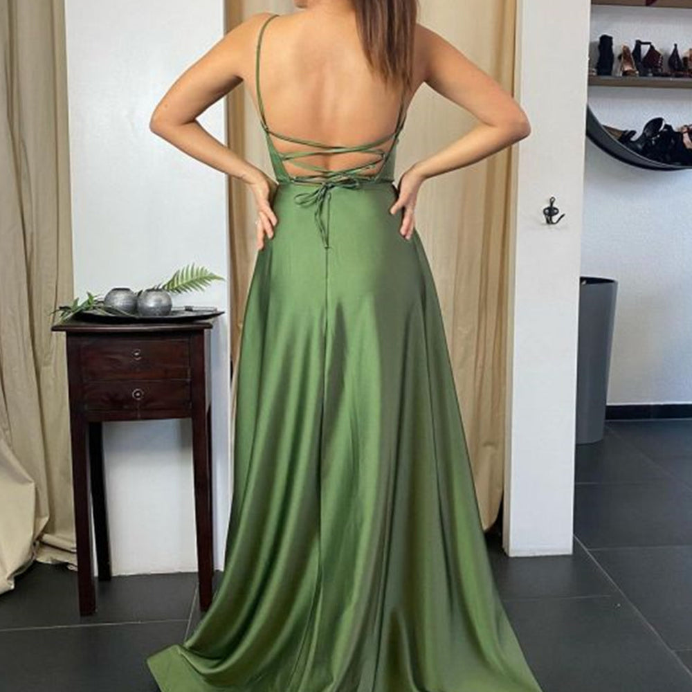 
                      
                        A Line Backless Green Satin Long Prom Dresses with Leg Slit, Backless Green Formal Graduation Evening Dresses 
                      
                    