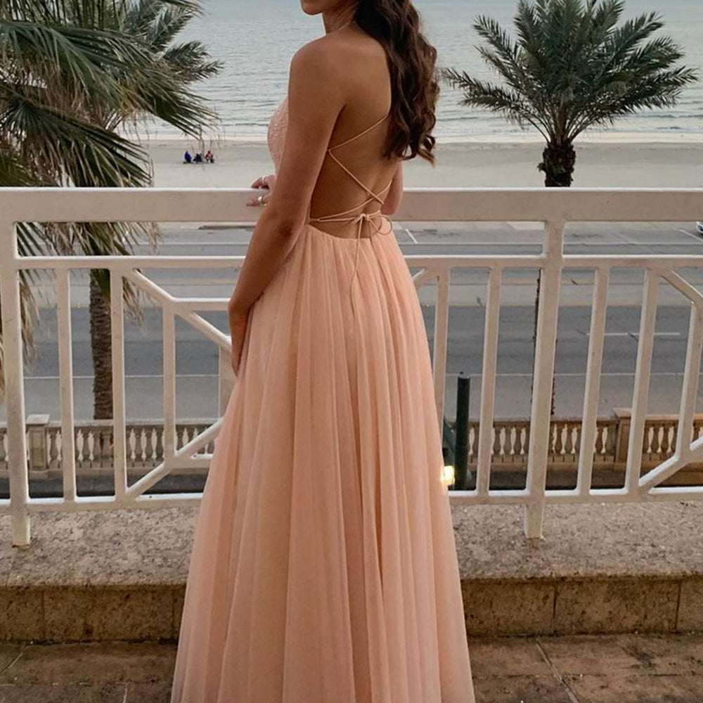 
                      
                        A Line Backless Pink Lace Long Prom Dresses, Pink Lace Formal Dresses, Pink Evening Dresses 
                      
                    