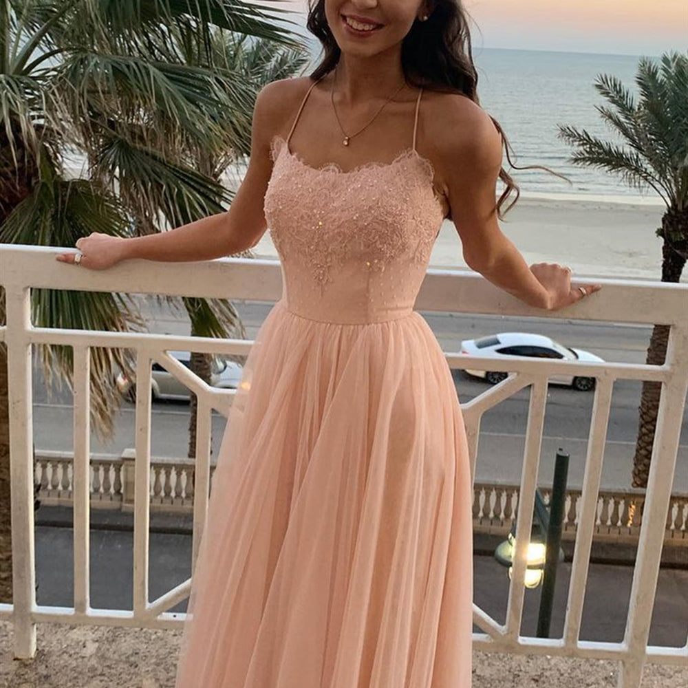 A Line Backless Pink Lace Long Prom Dresses, Pink Lace Formal Dresses, Pink Evening Dresses 