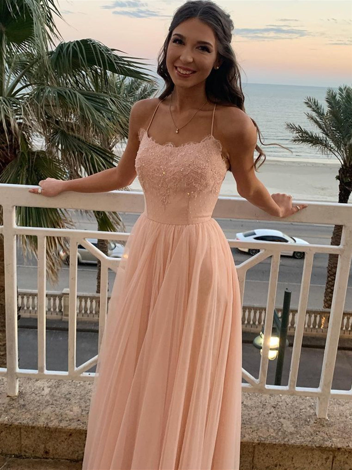 A Line Backless Pink Lace Long Prom Dresses, Pink Lace Formal Dresses, Pink Evening Dresses 