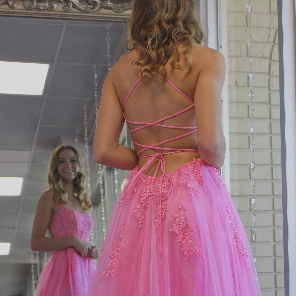 
                      
                        A Line Backless Pink Lace Long Prom Dresses with High Slit, Backless Pink Formal Dresses, Pink Lace Evening Dresses 
                      
                    