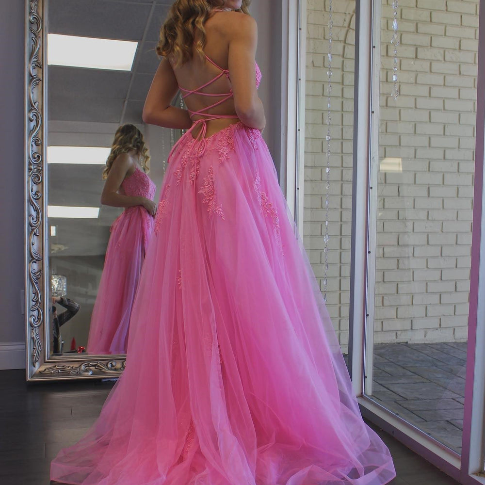 
                      
                        A Line Backless Pink Lace Long Prom Dresses with High Slit, Backless Pink Formal Dresses, Pink Lace Evening Dresses 
                      
                    