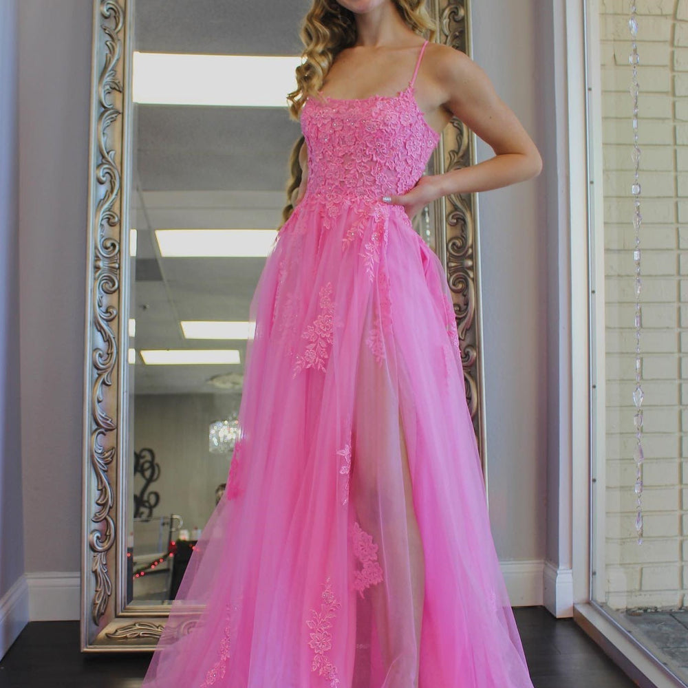 
                      
                        A Line Backless Pink Lace Long Prom Dresses with High Slit, Backless Pink Formal Dresses, Pink Lace Evening Dresses 
                      
                    