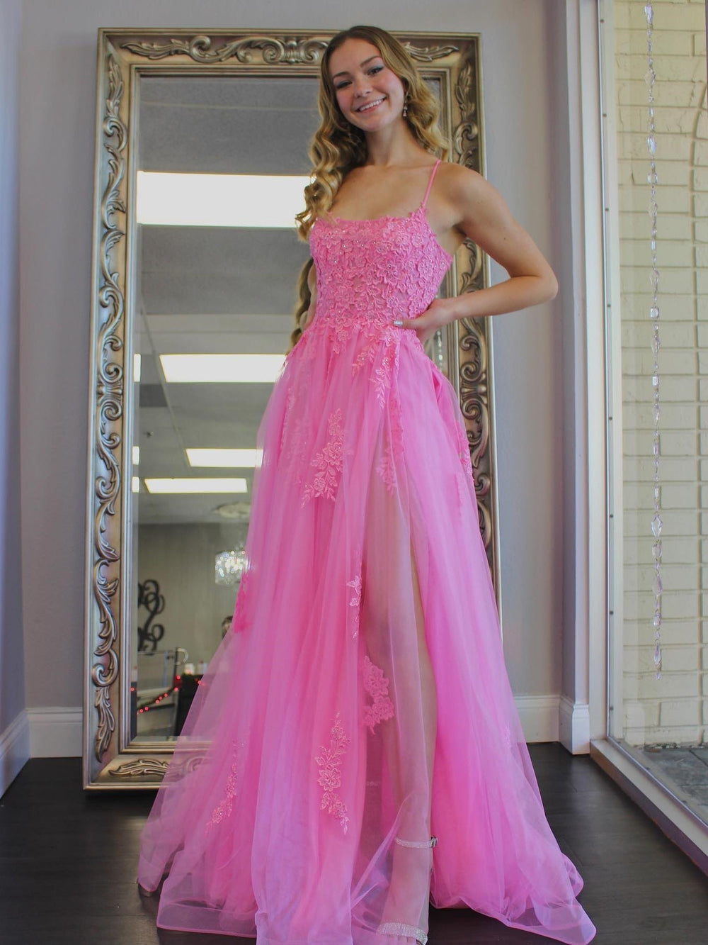 A Line Backless Pink Lace Long Prom Dresses with High Slit, Backless Pink Formal Dresses, Pink Lace Evening Dresses 