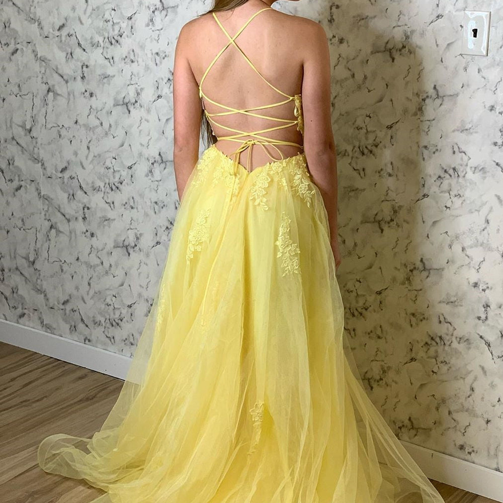 
                      
                        A Line Backless Tulle Long Lace Appliques Yellow Prom Dresses, Backless Yellow Lace Formal Dresses, Lace Yellow Evening Dresses
                      
                    