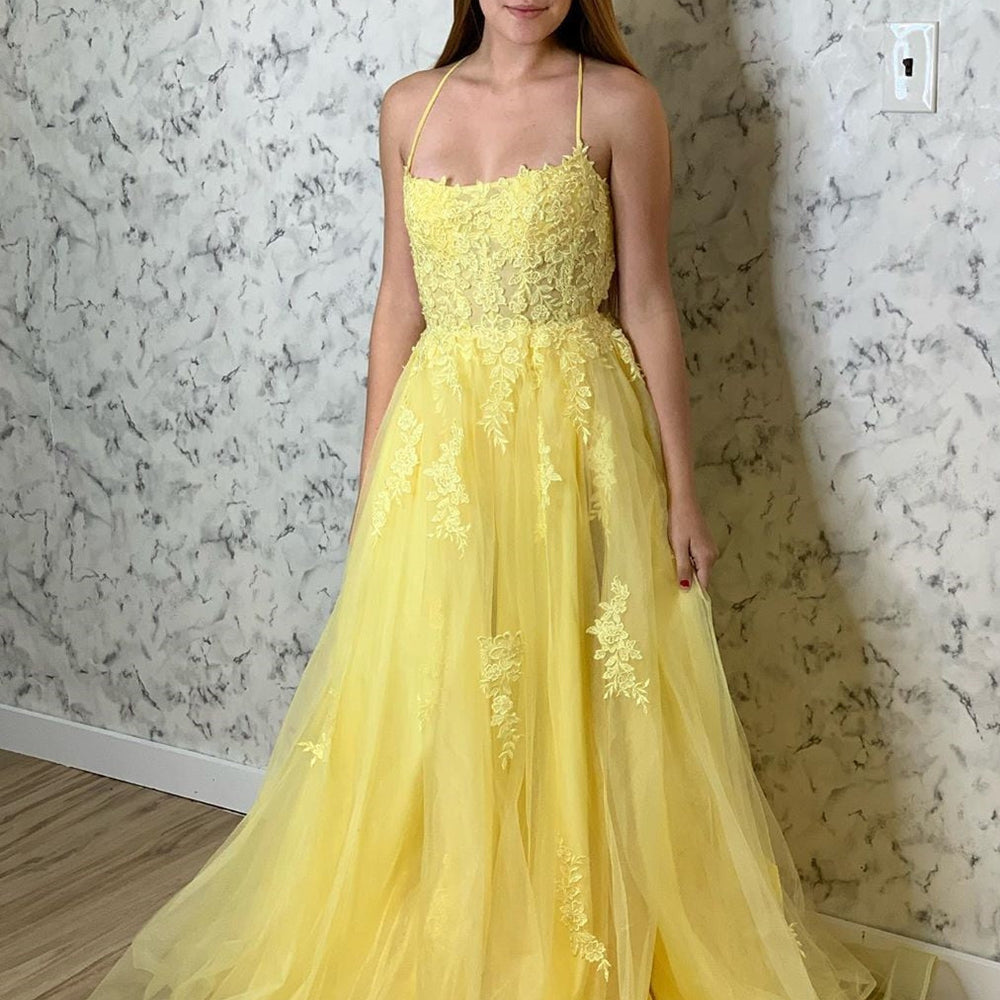 
                      
                        A Line Backless Tulle Long Lace Appliques Yellow Prom Dresses, Backless Yellow Lace Formal Dresses, Lace Yellow Evening Dresses
                      
                    