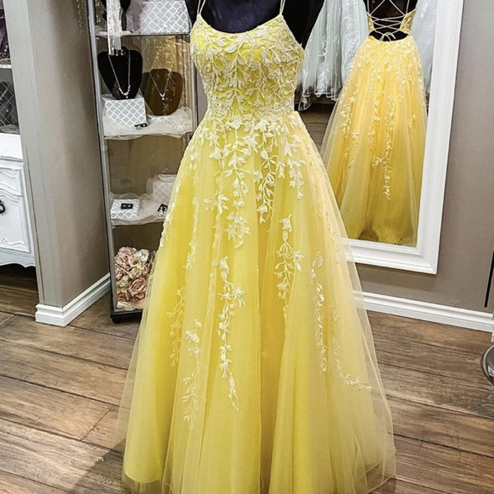 A Line Backless Yellow Lace Long Prom Dresses, Yellow Lace Formal Graduation Evening Dresses