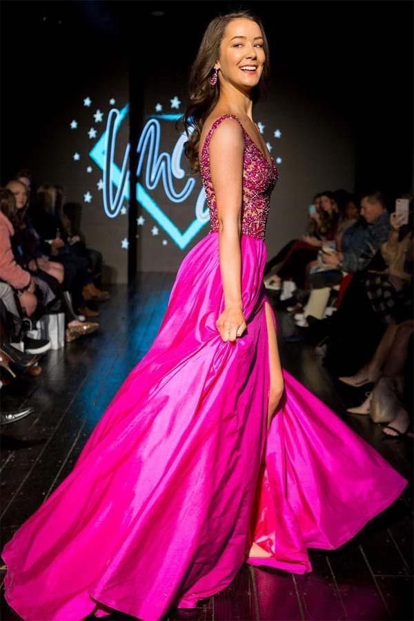 
                      
                        A Line Beaded Fuchsia Satin Long Prom Dress With Slit 
                      
                    