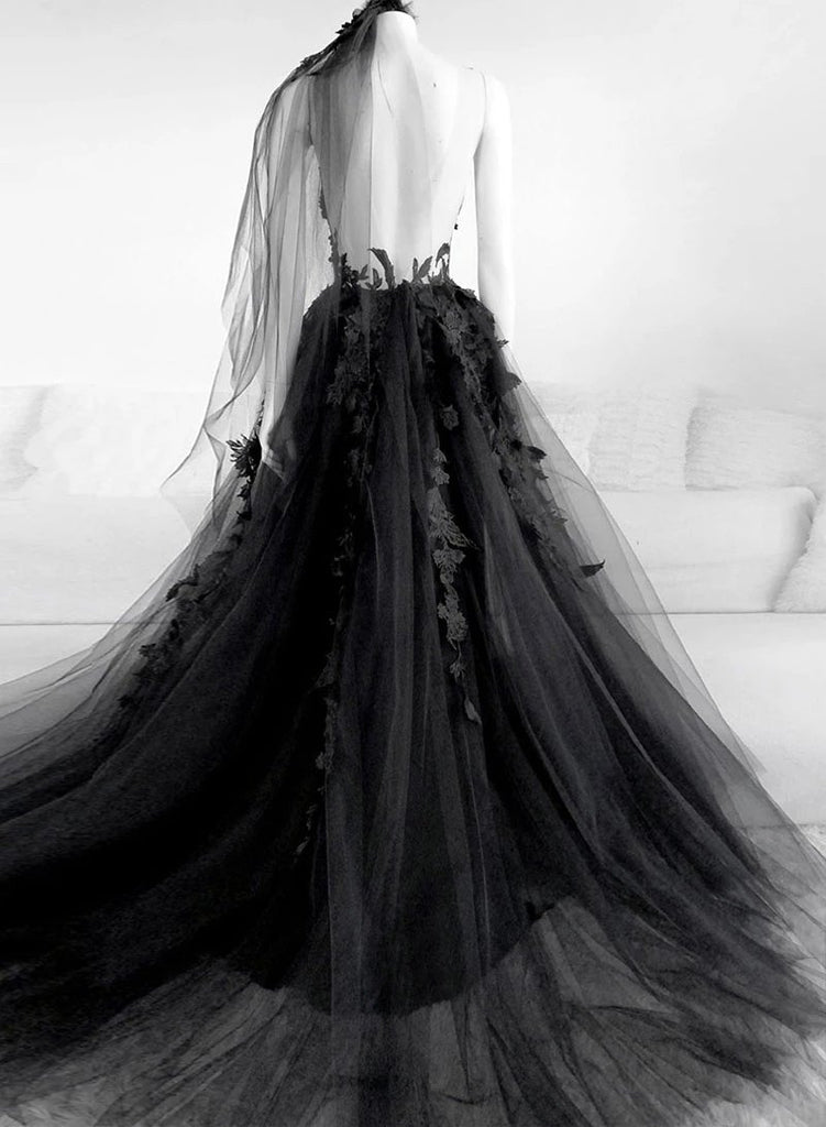 A-line Black Tulle Appliqued Wedding Dresses Backless Bridal Gowns