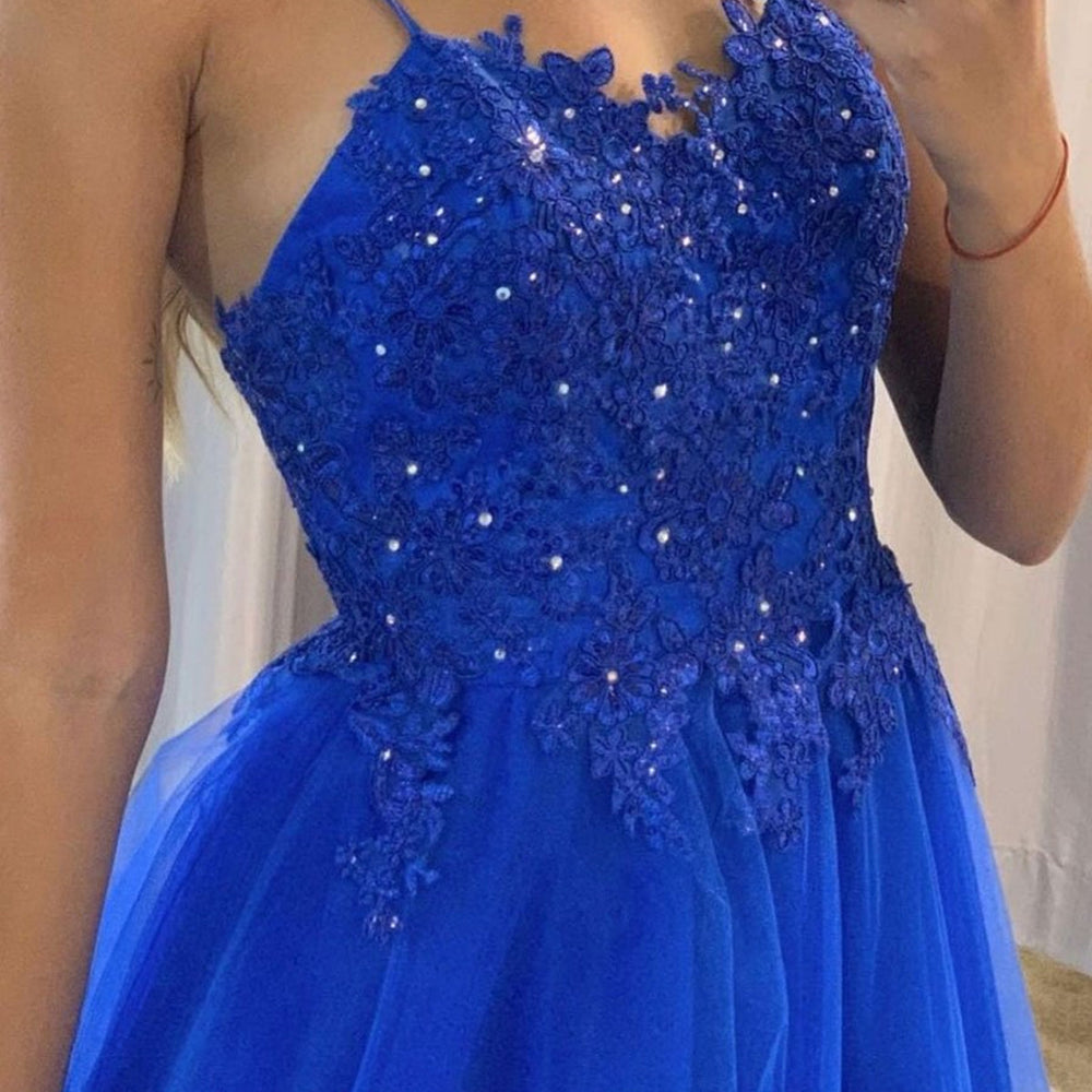 
                      
                        A Line Blue Lace Beaded Long Prom Dresses, Blue Lace Formal Graduation Evening Dresses 
                      
                    