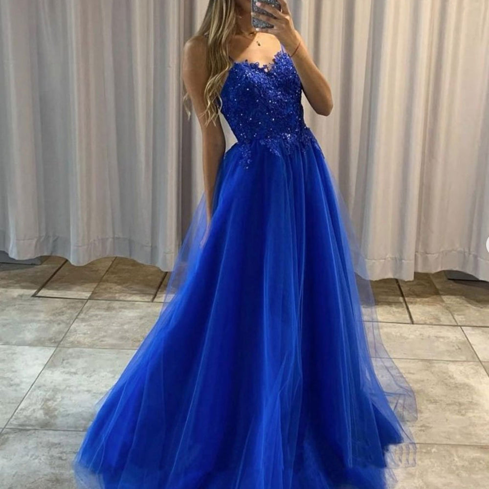 
                      
                        A Line Blue Lace Beaded Long Prom Dresses, Blue Lace Formal Graduation Evening Dresses 
                      
                    