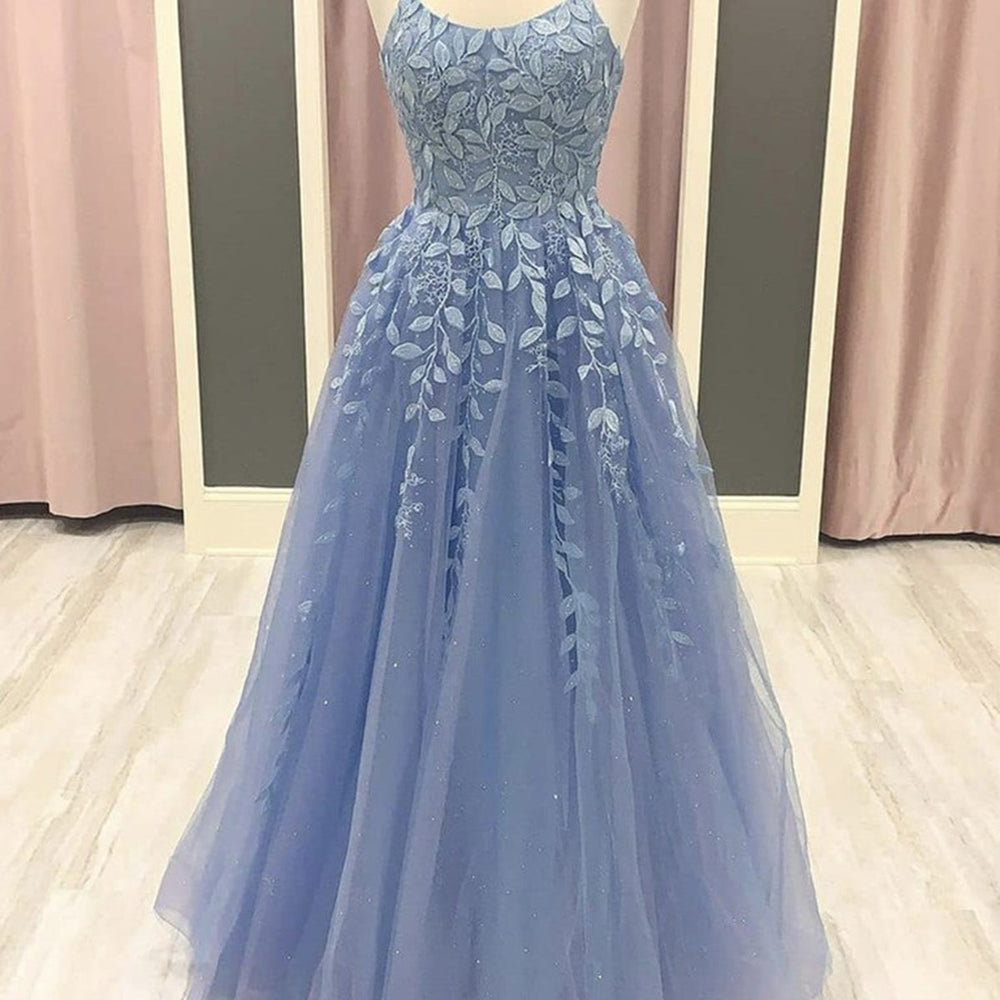 A Line Blue Lace Long Prom Dresses, Blue Lace Formal Dresses, Blue Evening Dresses